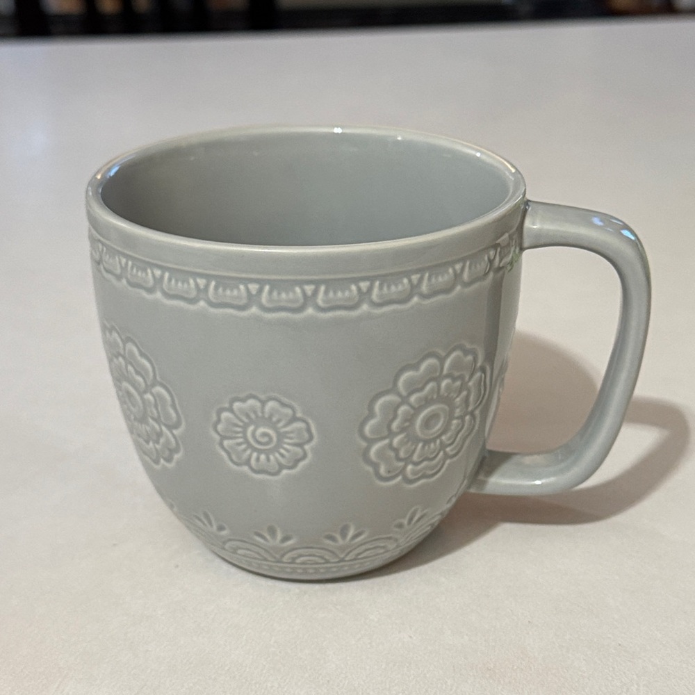 WILD SAGE 15 ounces Gray Embossed Bohemian Floral Ceramic Mug SET OF 4